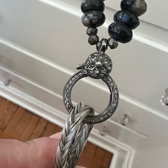 Black opal & pyrite long necklace sterling diamond clasp horse hair tassel rare - Picture 10 of 16